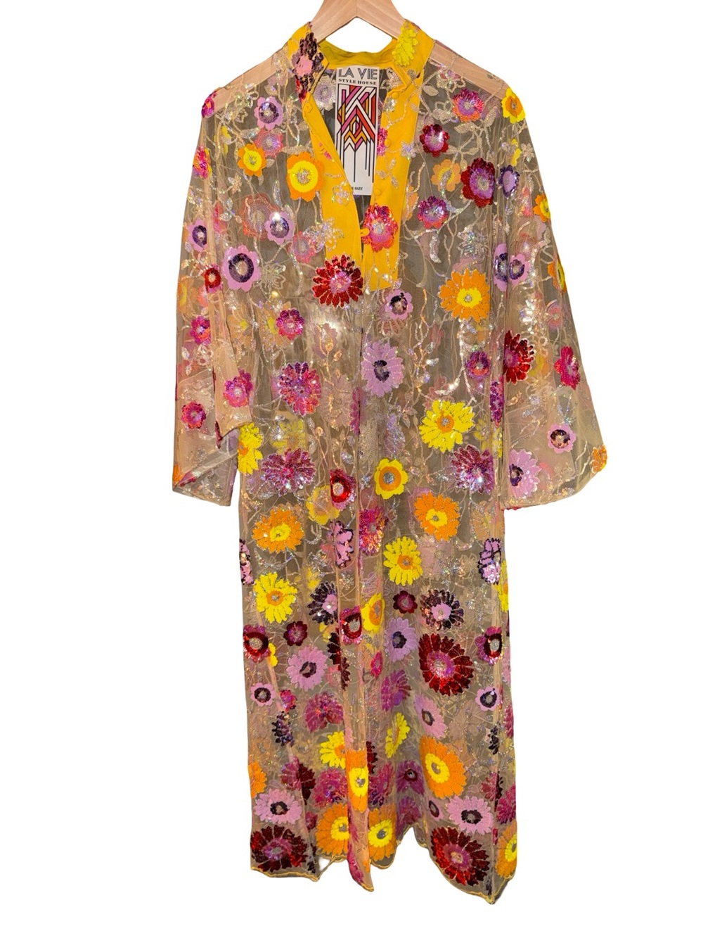 La Vie Style House Floral Sequin Three-Quarter Sleeve Caftan NWOT